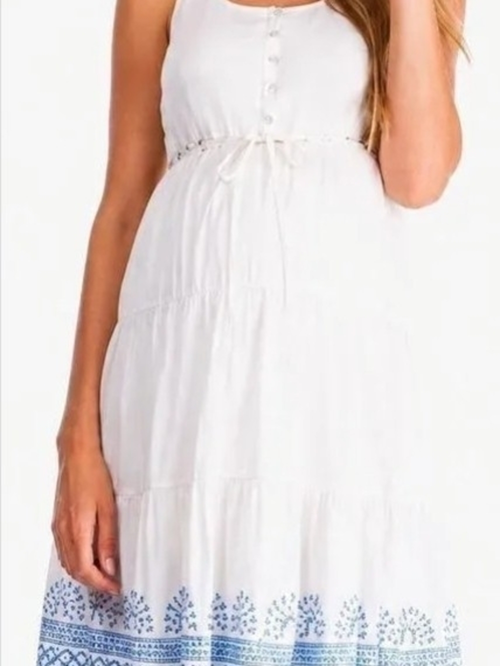 Seraphine White Sleeveless Tiered Midi Dress with Blue Hem Embroidery
